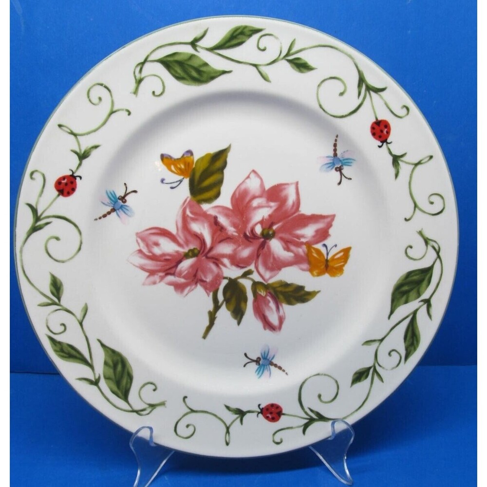 Tabletops Unlimited Botanical Garden 10.5" Pink Flower Lady bug dragon fly Plate